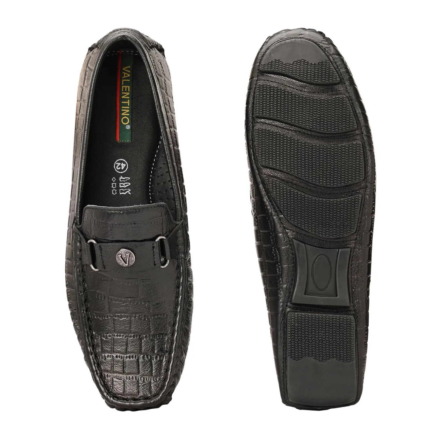 Men Premium Leather Black Casual Slip On Driving Loafers (Romson-28-Black)