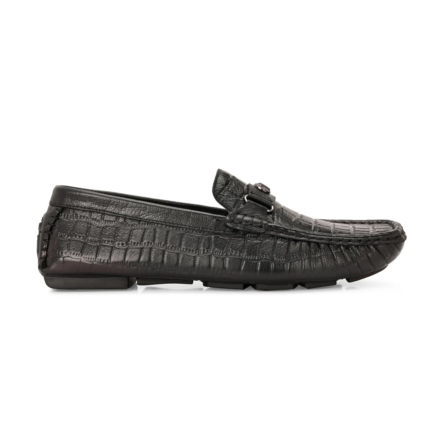 Men Premium Leather Black Casual Slip On Driving Loafers (Romson-28-Black)