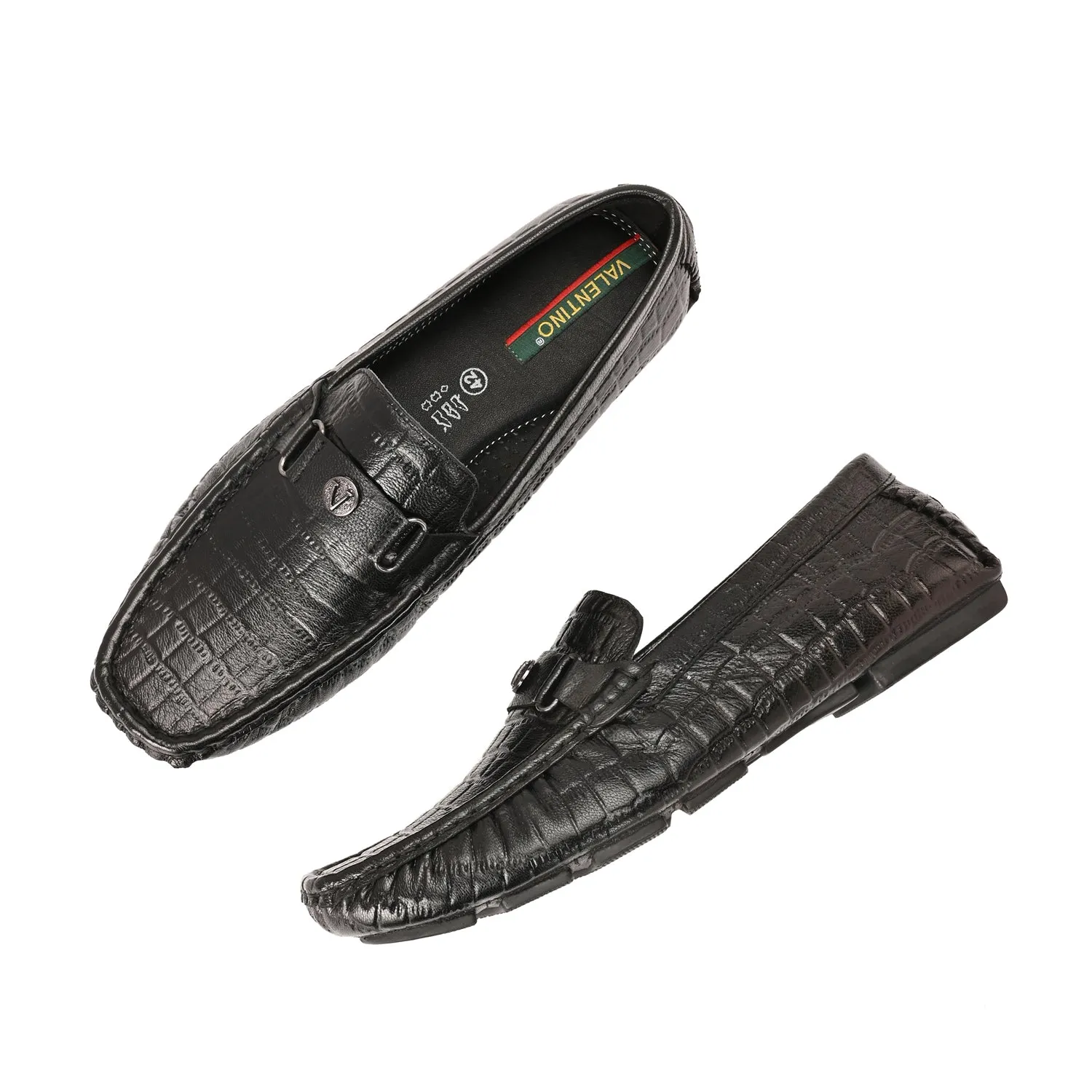 Men Premium Leather Black Casual Slip On Driving Loafers (Romson-28-Black)