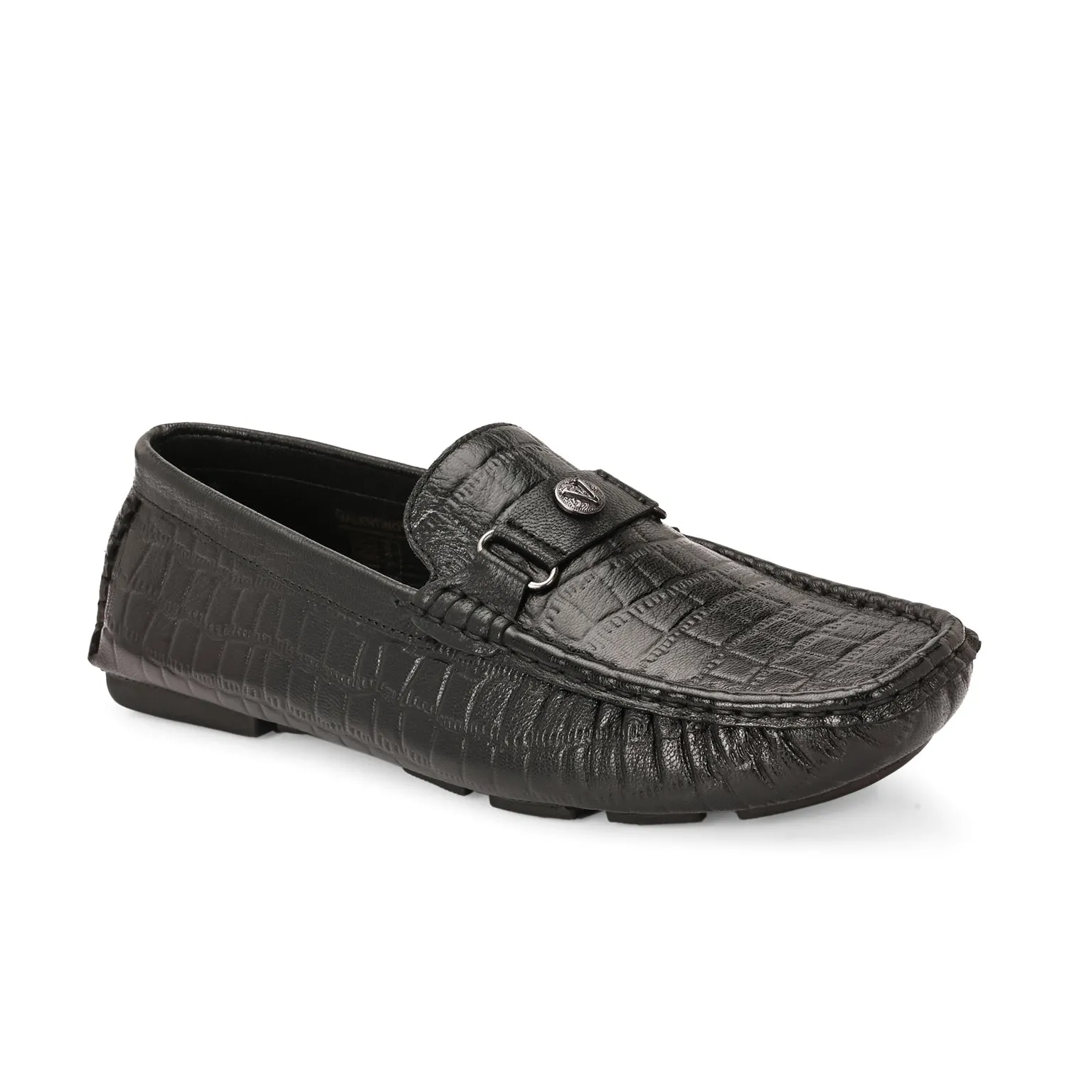 Men Premium Leather Black Casual Slip On Driving Loafers (Romson-28-Black)