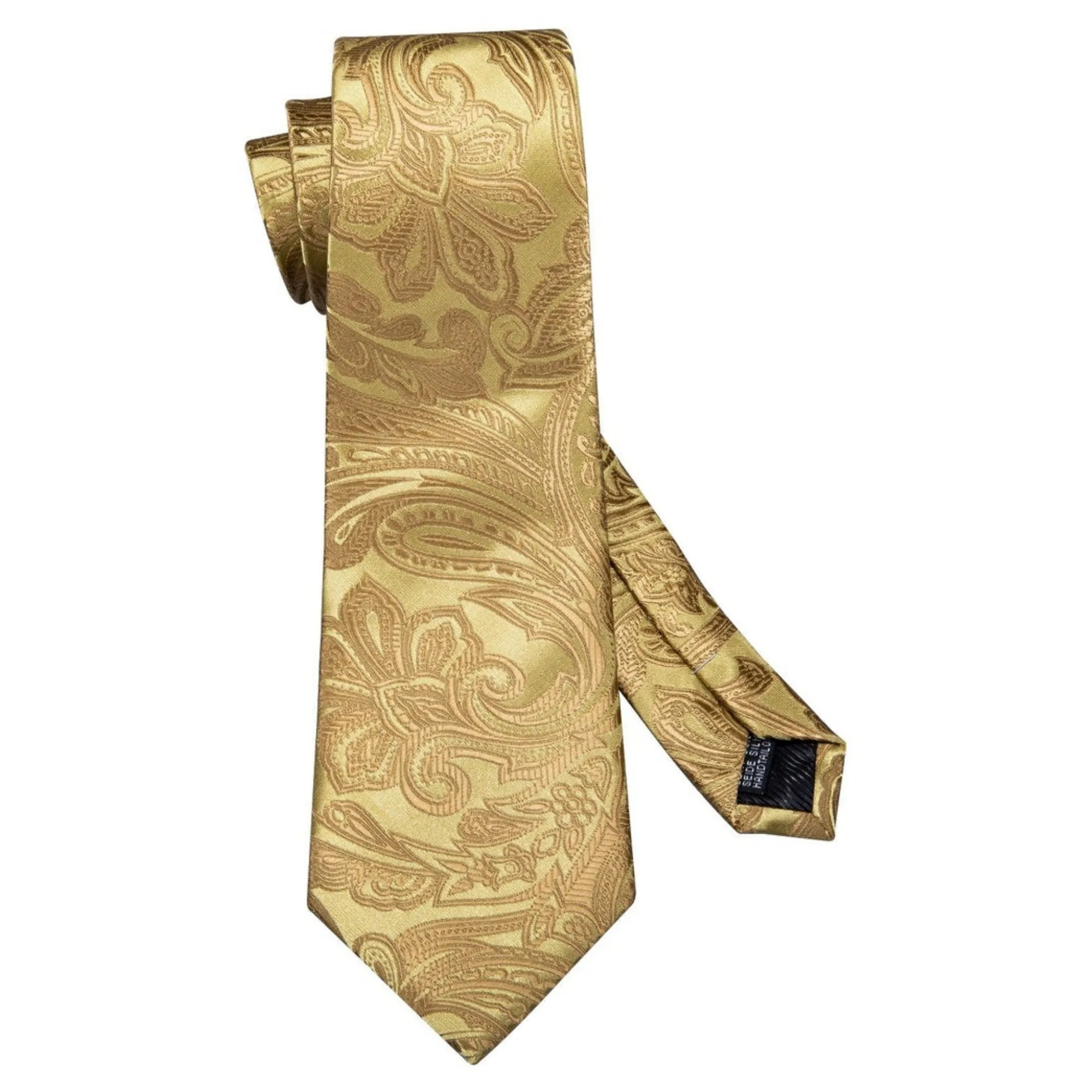 Men's Gold Paisley 100% Silk Neck Tie With Matching Hanky And Cufflinks Set