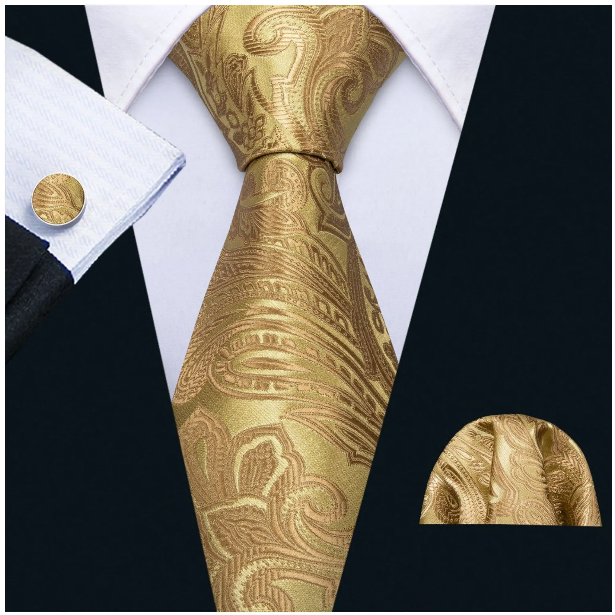 Men's Gold Paisley 100% Silk Neck Tie With Matching Hanky And Cufflinks Set