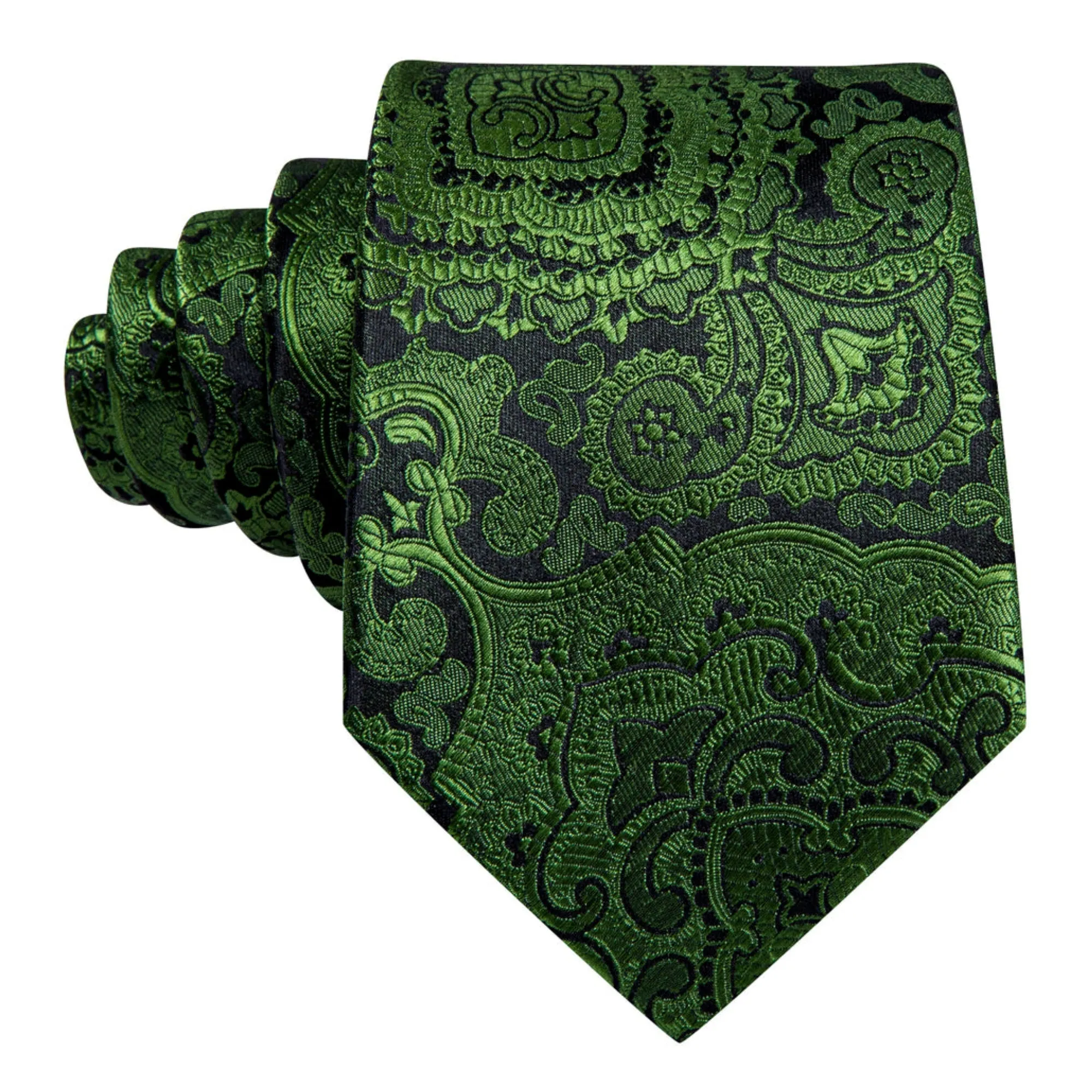Men's Olive Green Paisley 100% Silk Neck Tie With Matching Hanky And Cufflinks Set