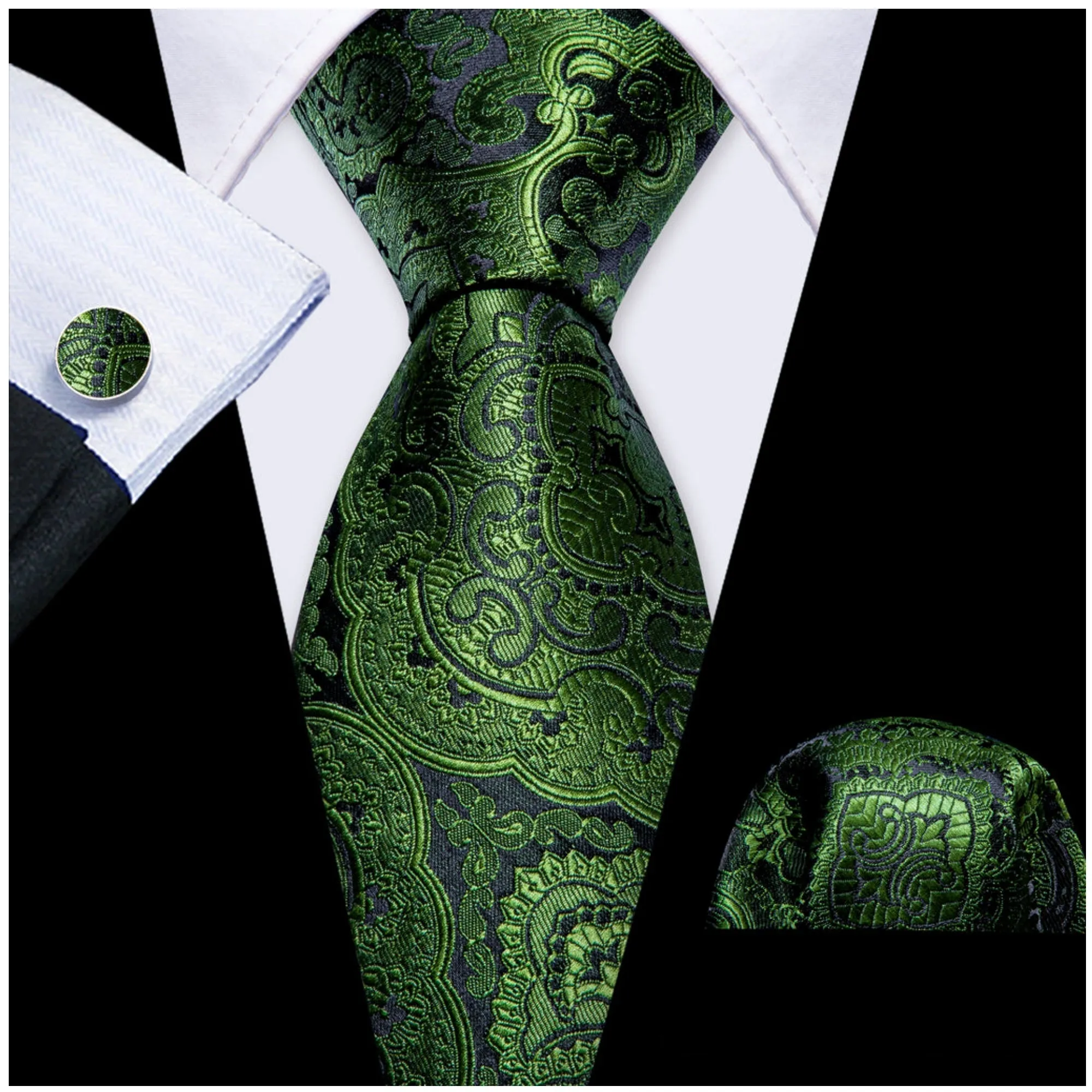 Men's Olive Green Paisley 100% Silk Neck Tie With Matching Hanky And Cufflinks Set