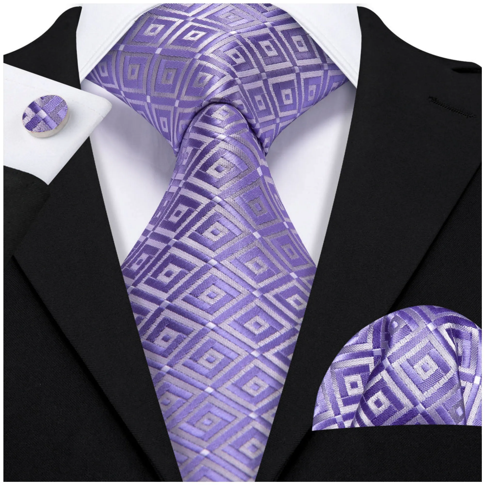 Men's Purple And White Plaid 100% Silk Neck Tie With Matching Hanky And Cufflinks Set