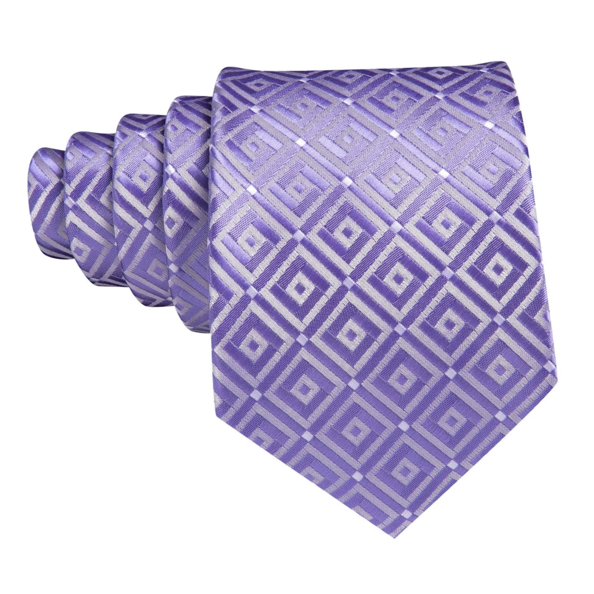 Men's Purple And White Plaid 100% Silk Neck Tie With Matching Hanky And Cufflinks Set