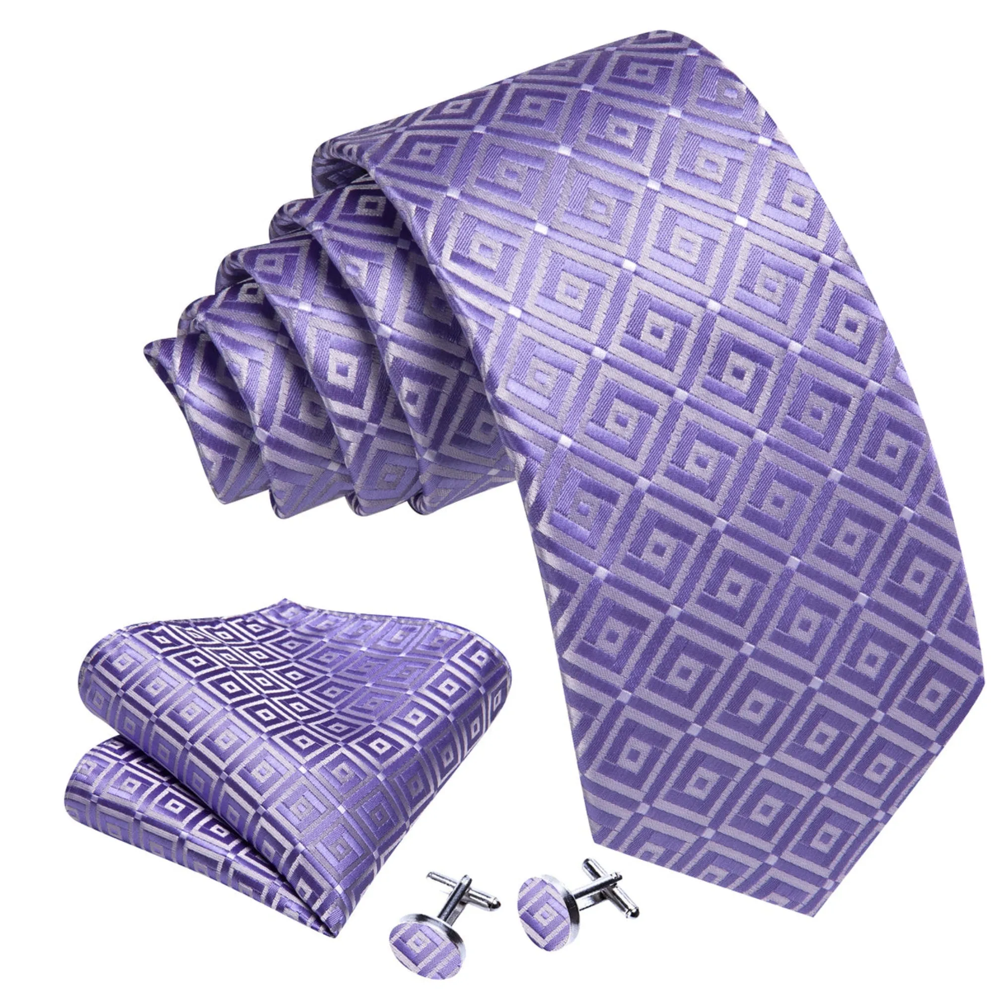 Men's Purple And White Plaid 100% Silk Neck Tie With Matching Hanky And Cufflinks Set