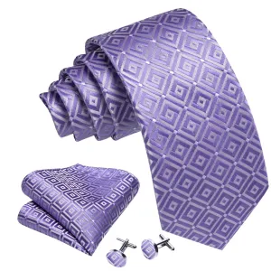 Men's Purple And White Plaid 100% Silk Neck Tie With Matching Hanky And Cufflinks Set