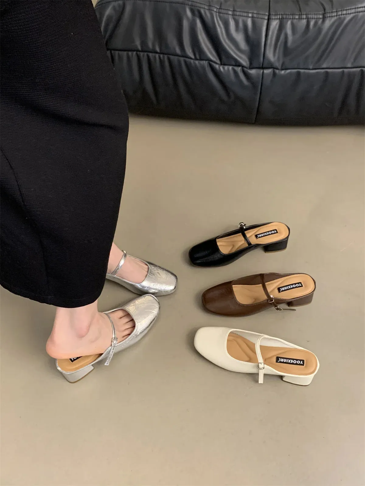 MQTIME  -  Mules For Women 2024 Shoes Female Slippers Square Toe Flats Luxury Slides Loafers New Designer Cover Hoof Heels Zapatos De Mujer