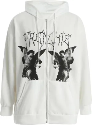 NEW Women's Zip-Up Sweatshirt Angel Print Streetwear Hoodies Casual Graphic Printed Oversized Zip Up Hooded Sweatshirt Jacket (Color : White, Size : Large)