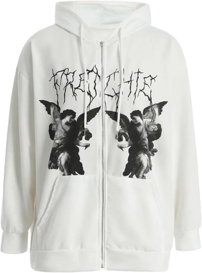 NEW Women's Zip-Up Sweatshirt Angel Print Streetwear Hoodies Casual Graphic Printed Oversized Zip Up Hooded Sweatshirt Jacket (Color : White, Size : Large)