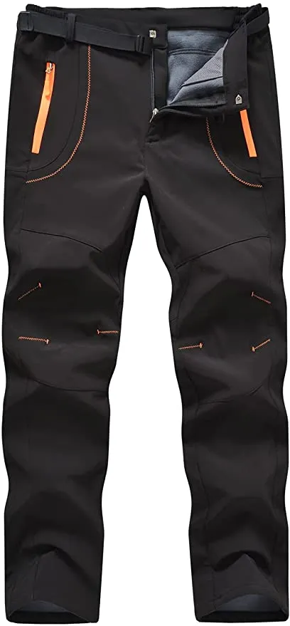 New YSENTO Men's Winter Warm Fleece Lined Ski Snow Pants Quick Dry Waterproof Windproof Hiking Mountain Pants in grey with yellow zips & brown belt, Sz XL