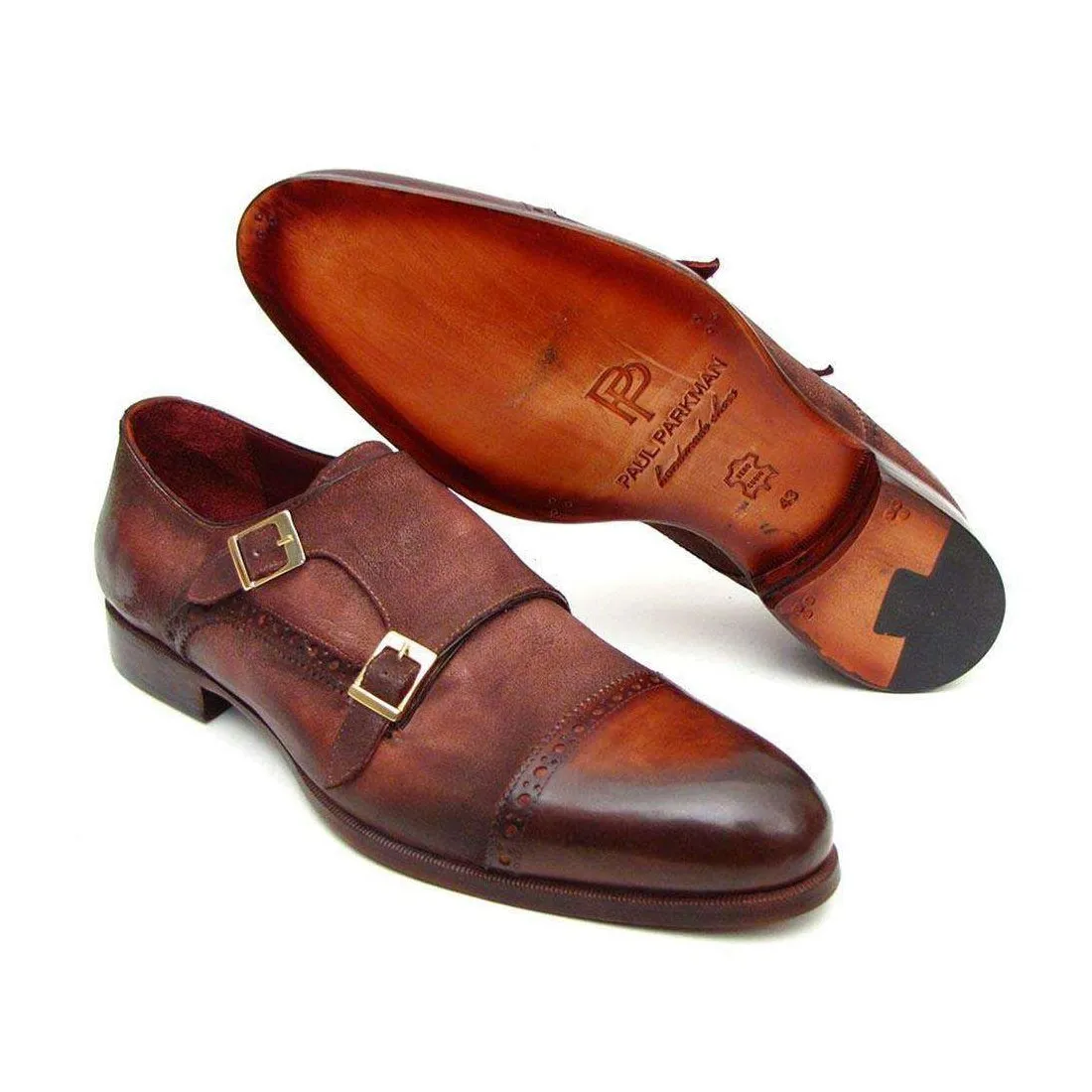 Paul Parkman Handmade Designer Shoes Men's Handmade Designer Shoes Captoe Double Monkstraps Suede Antique Brown Loafers (PM4025)