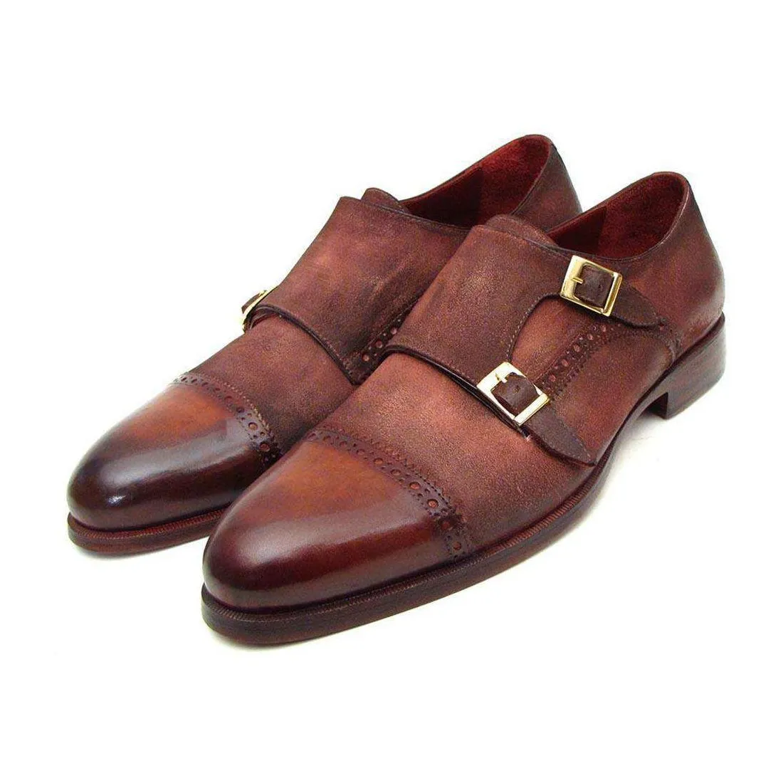 Paul Parkman Handmade Designer Shoes Men's Handmade Designer Shoes Captoe Double Monkstraps Suede Antique Brown Loafers (PM4025)