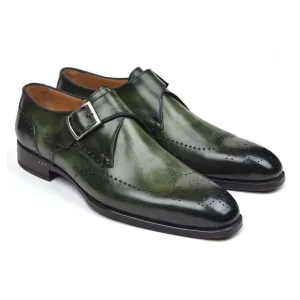 Paul Parkman Handmade Designer Shoes Men's Wingtip Single Monkstraps Green Loafers (PM5513)