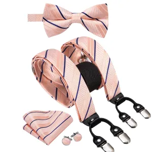 Pink Blue Striped Suspender Bowtie Hanky Cufflinks Set