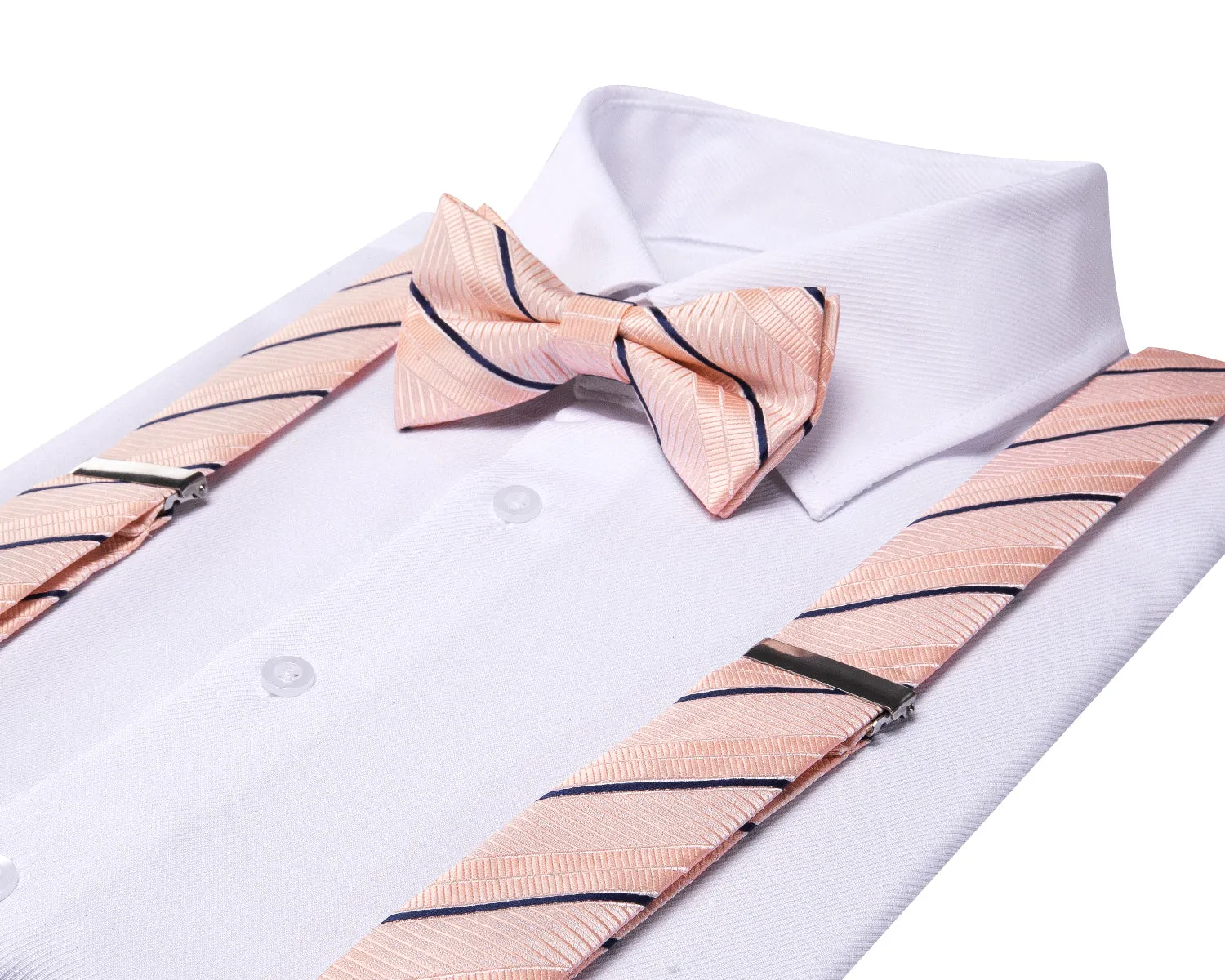 Pink Blue Striped Suspender Bowtie Hanky Cufflinks Set