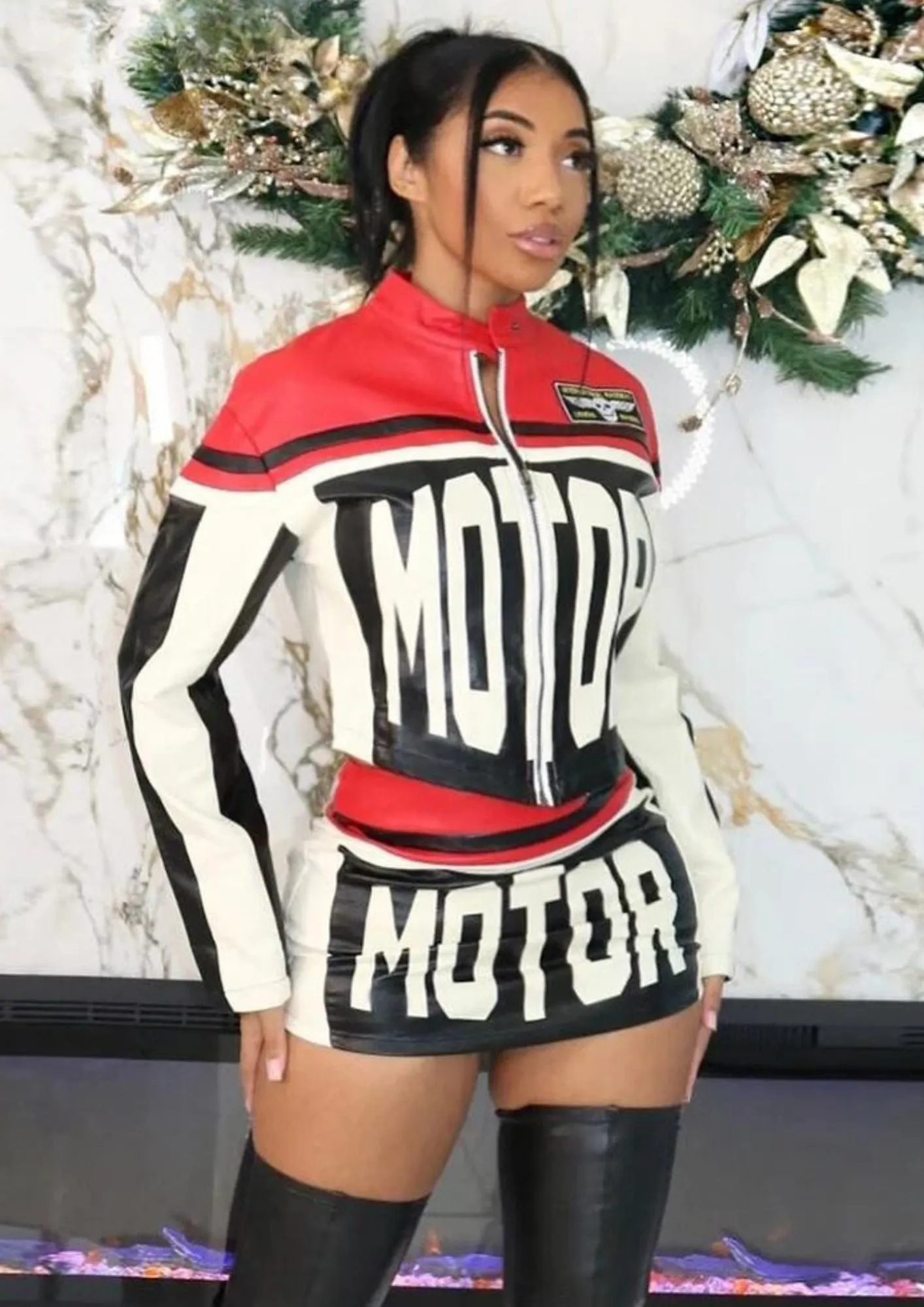 "Women's Letter Print Patchwork 2-Piece Skirt Set - Leather Zip Jacket & Skirt Streetwear Suit"