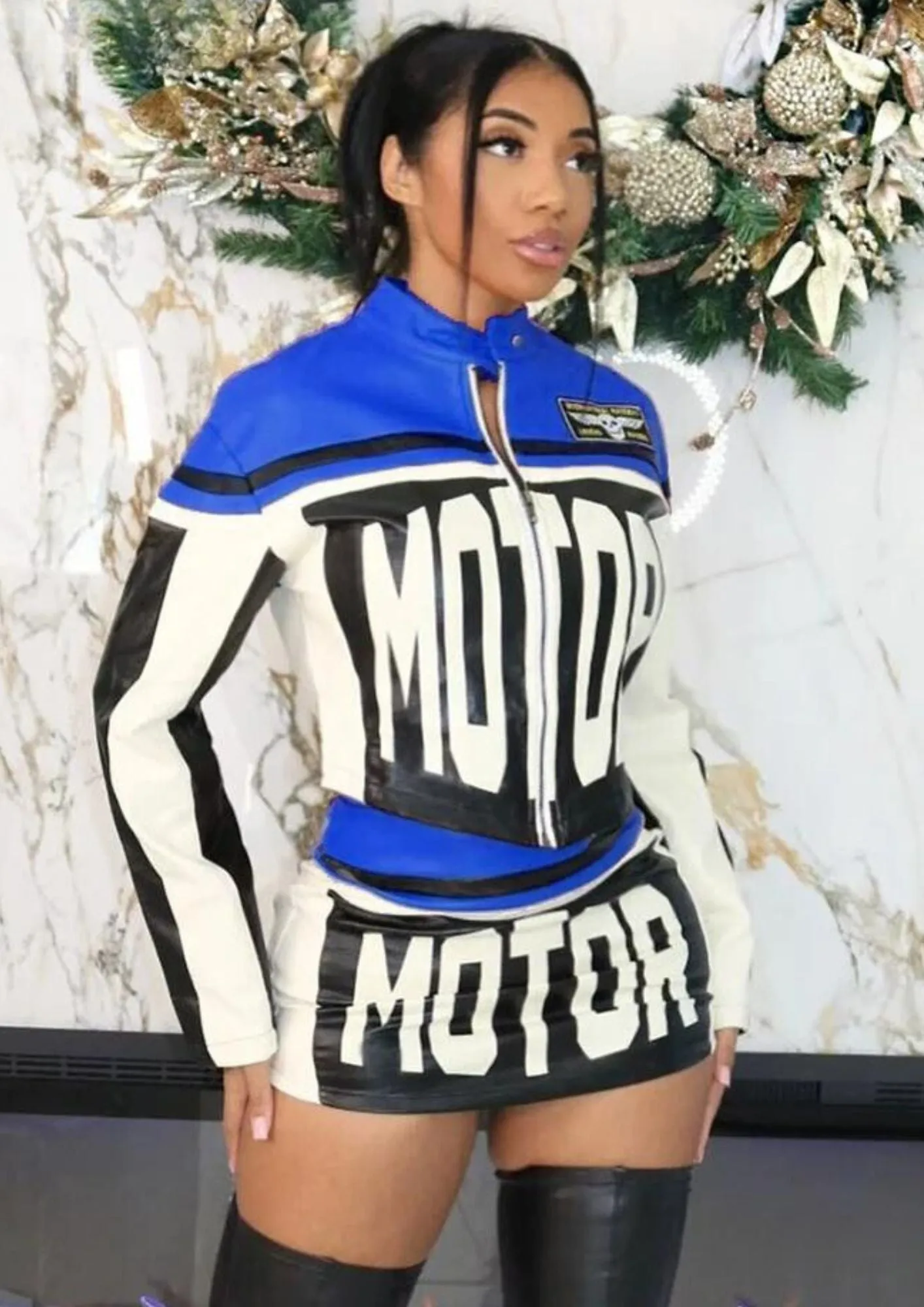 "Women's Letter Print Patchwork 2-Piece Skirt Set - Leather Zip Jacket & Skirt Streetwear Suit"