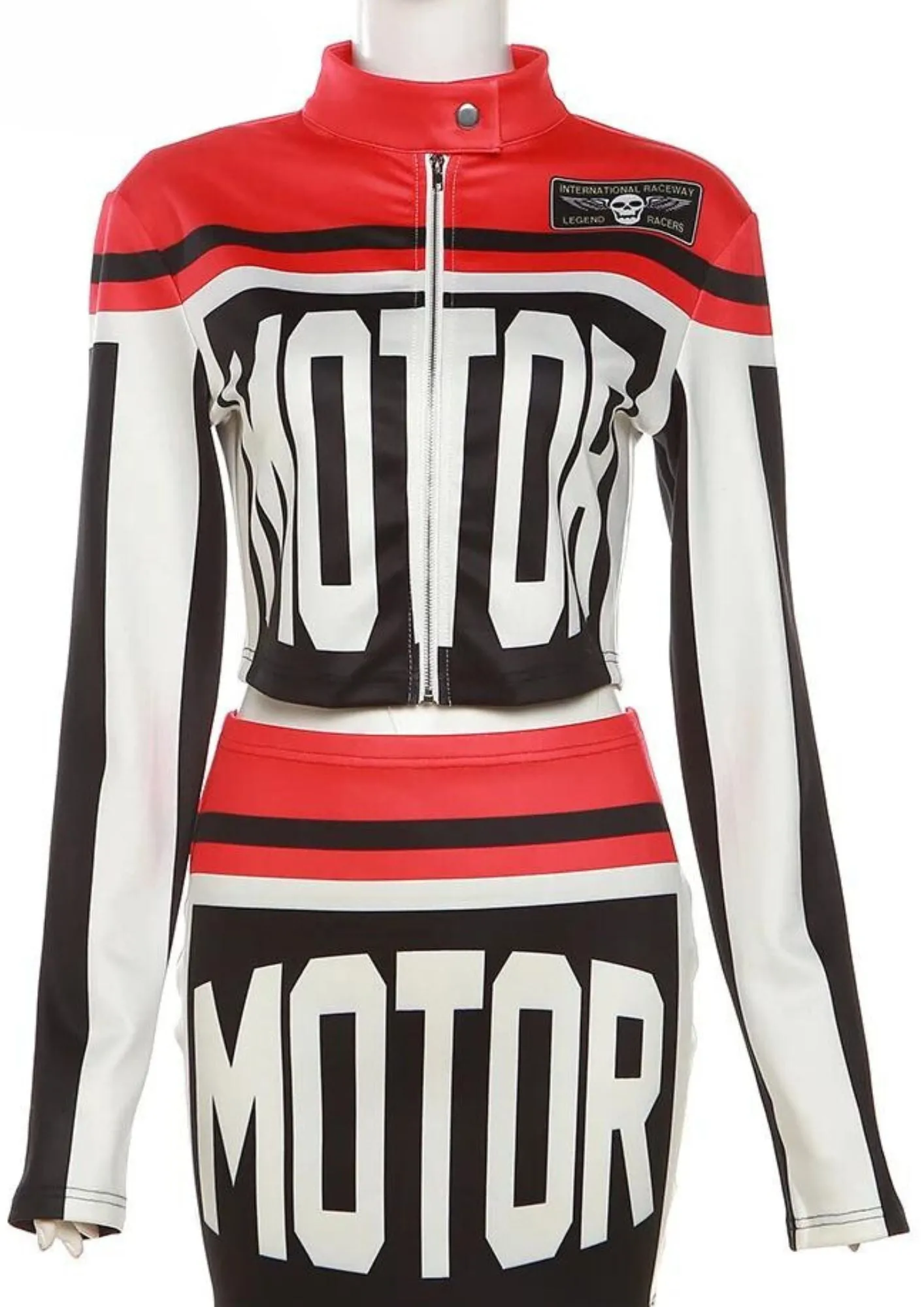 "Women's Letter Print Patchwork 2-Piece Skirt Set - Leather Zip Jacket & Skirt Streetwear Suit"