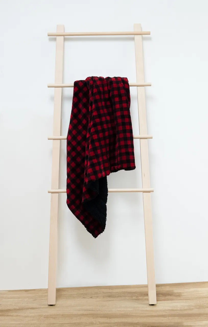 Red & Black Buffalo Plaid Fleece Faux Shearling Lining Throw Blanket