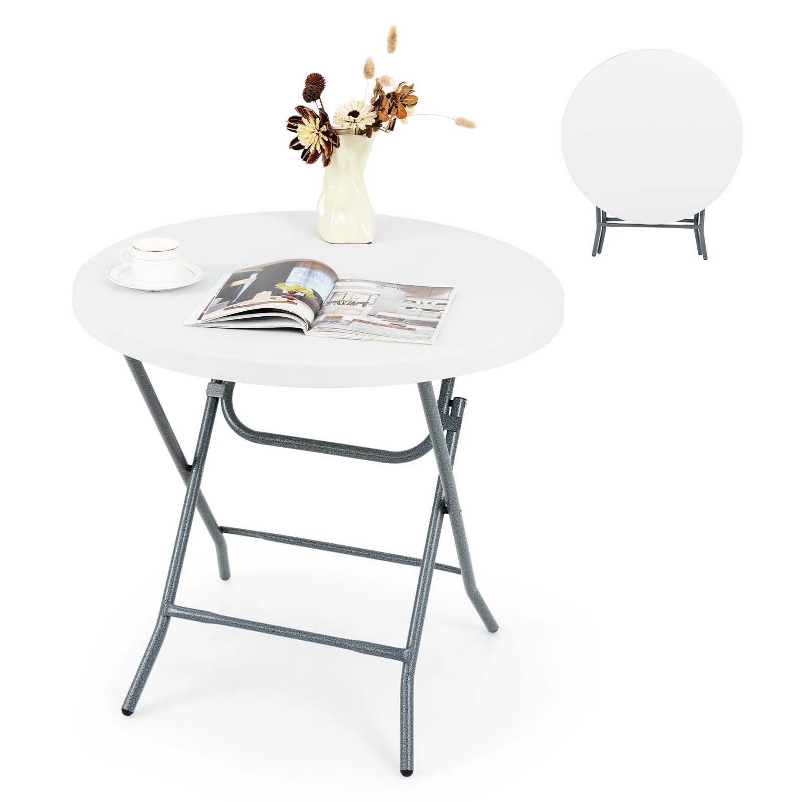 Tangkula 32" Round Folding Table, Portable Picnic Table with All-Weather HDPE Tabletop
