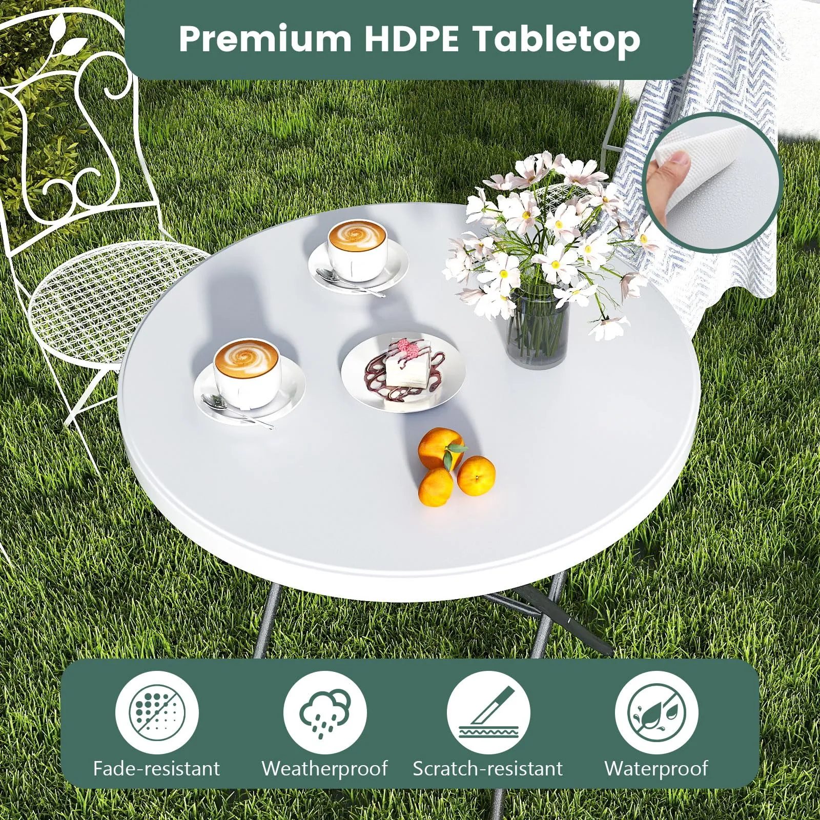 Tangkula 32" Round Folding Table, Portable Picnic Table with All-Weather HDPE Tabletop