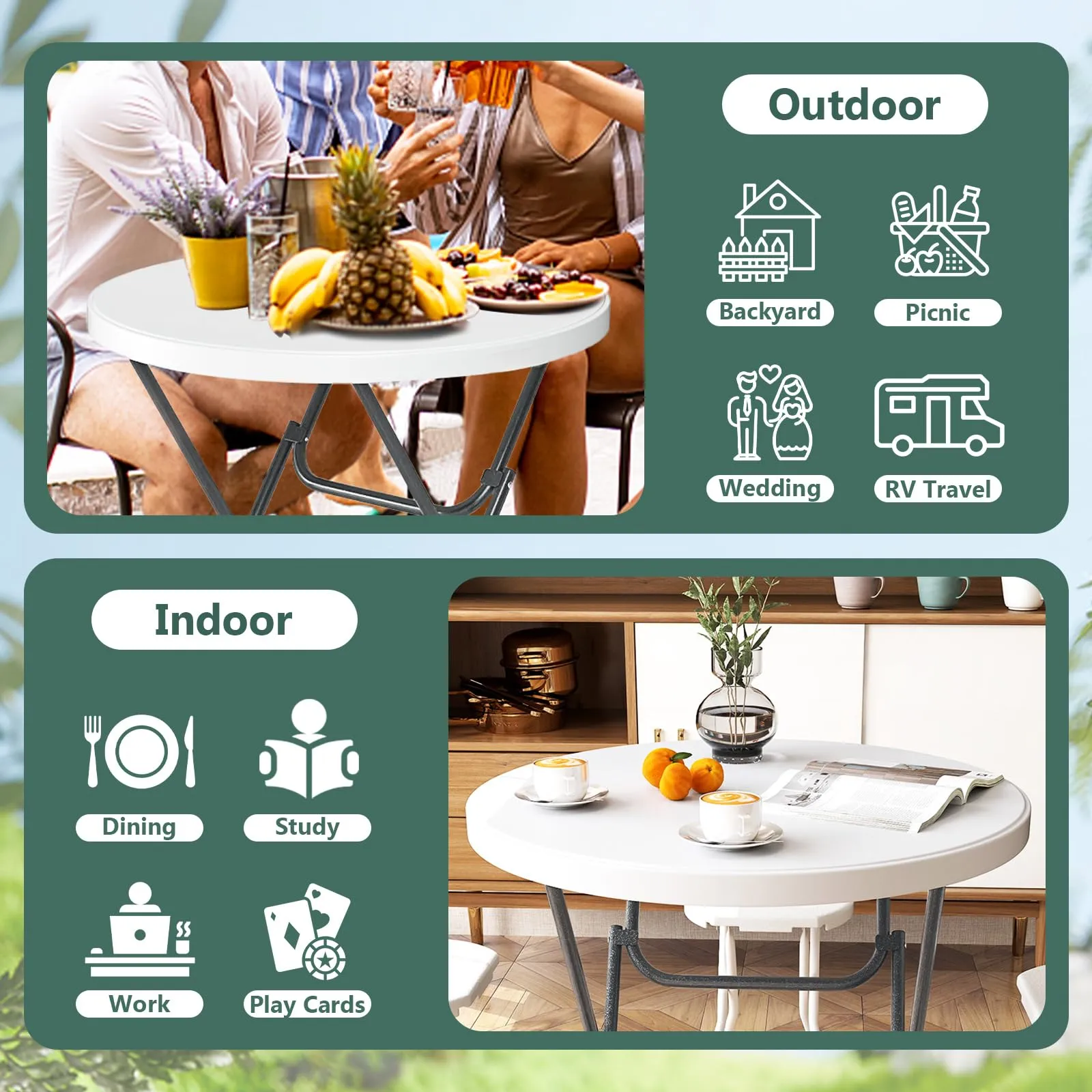 Tangkula 32" Round Folding Table, Portable Picnic Table with All-Weather HDPE Tabletop
