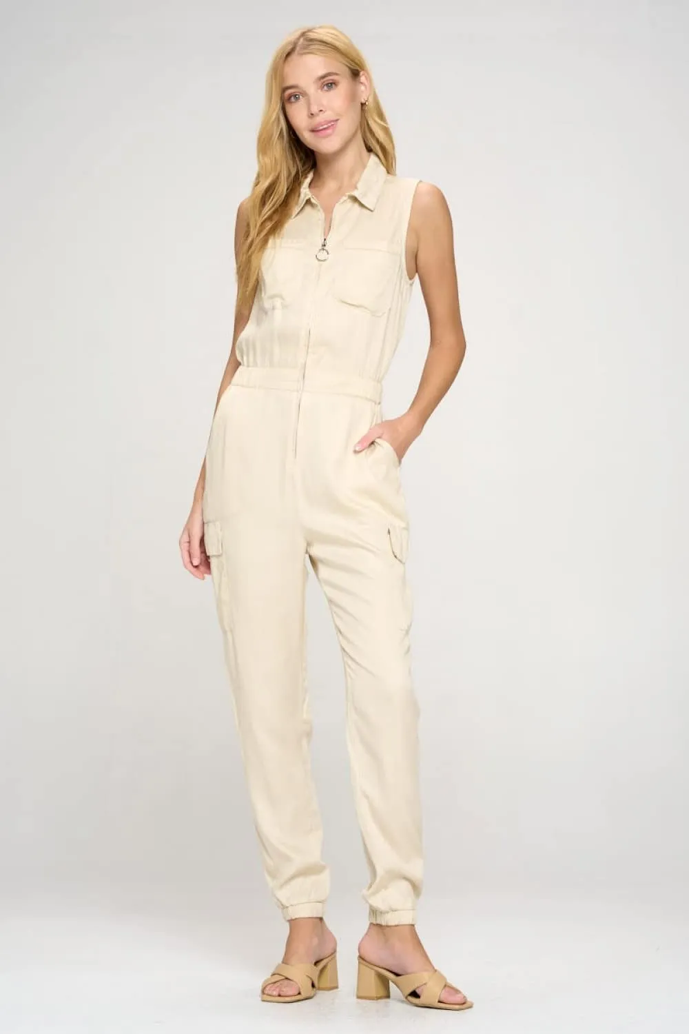 Tencel Sleeveless Jumpsuit with Cargo Pockets