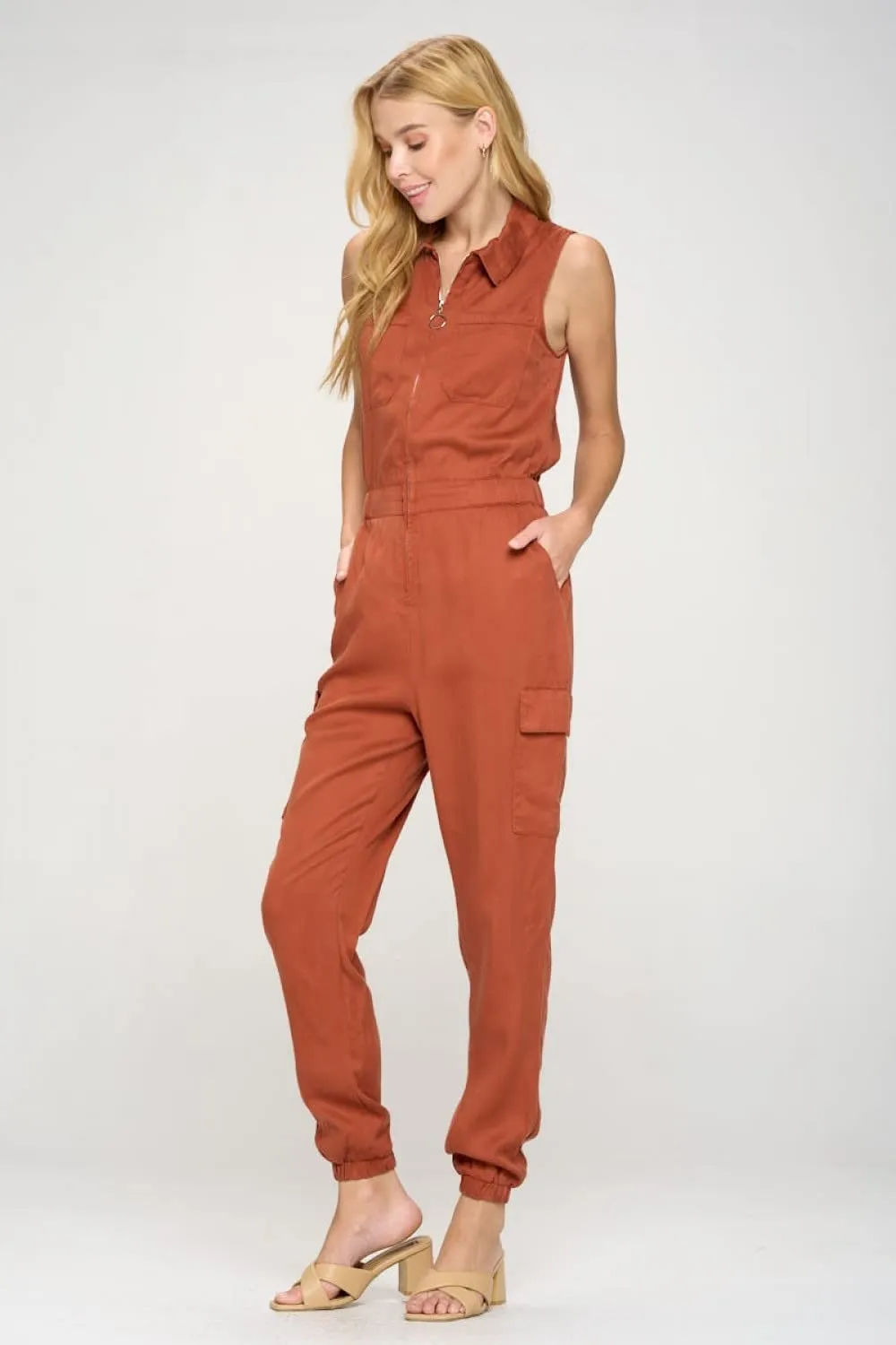 Tencel Sleeveless Jumpsuit with Cargo Pockets