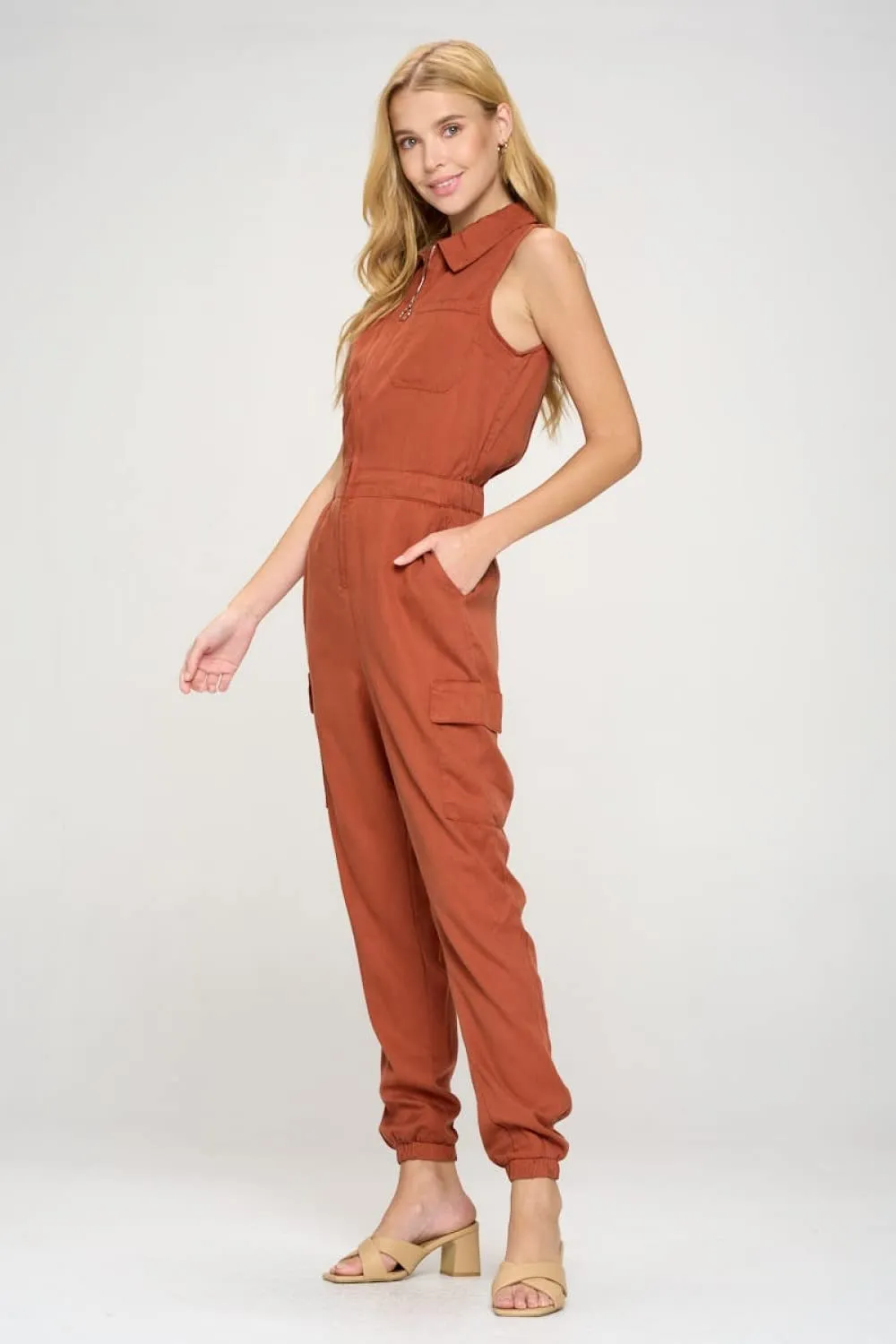 Tencel Sleeveless Jumpsuit with Cargo Pockets