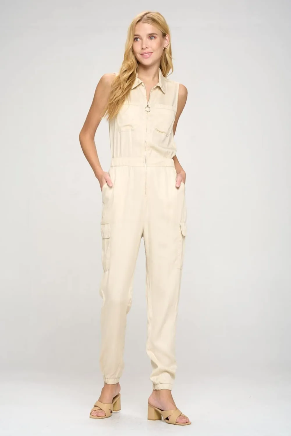 Tencel Sleeveless Jumpsuit with Cargo Pockets