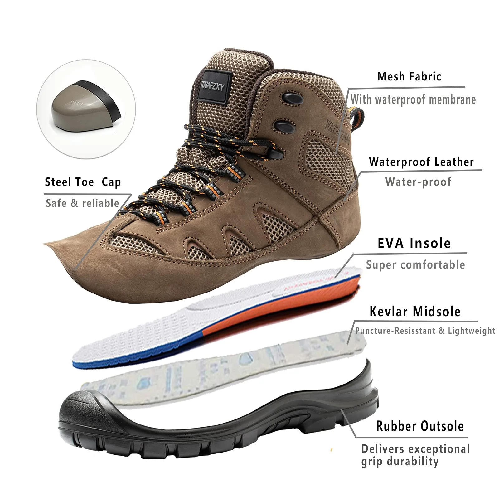 TOSAFZXY Work Safety Boots Crazy Horse Leather Indestructible Steel Toe Waterproof