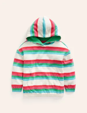 Towelling Hoodie-Hot Coral & Pink Stripe