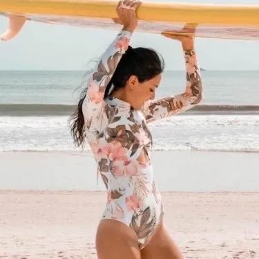 UPF Rashguard Pink Hibiscus - Aqua Palms surfsuit swimsuit (S-XL) white pink peach aqua mint beach pool surf swim women feminine modest