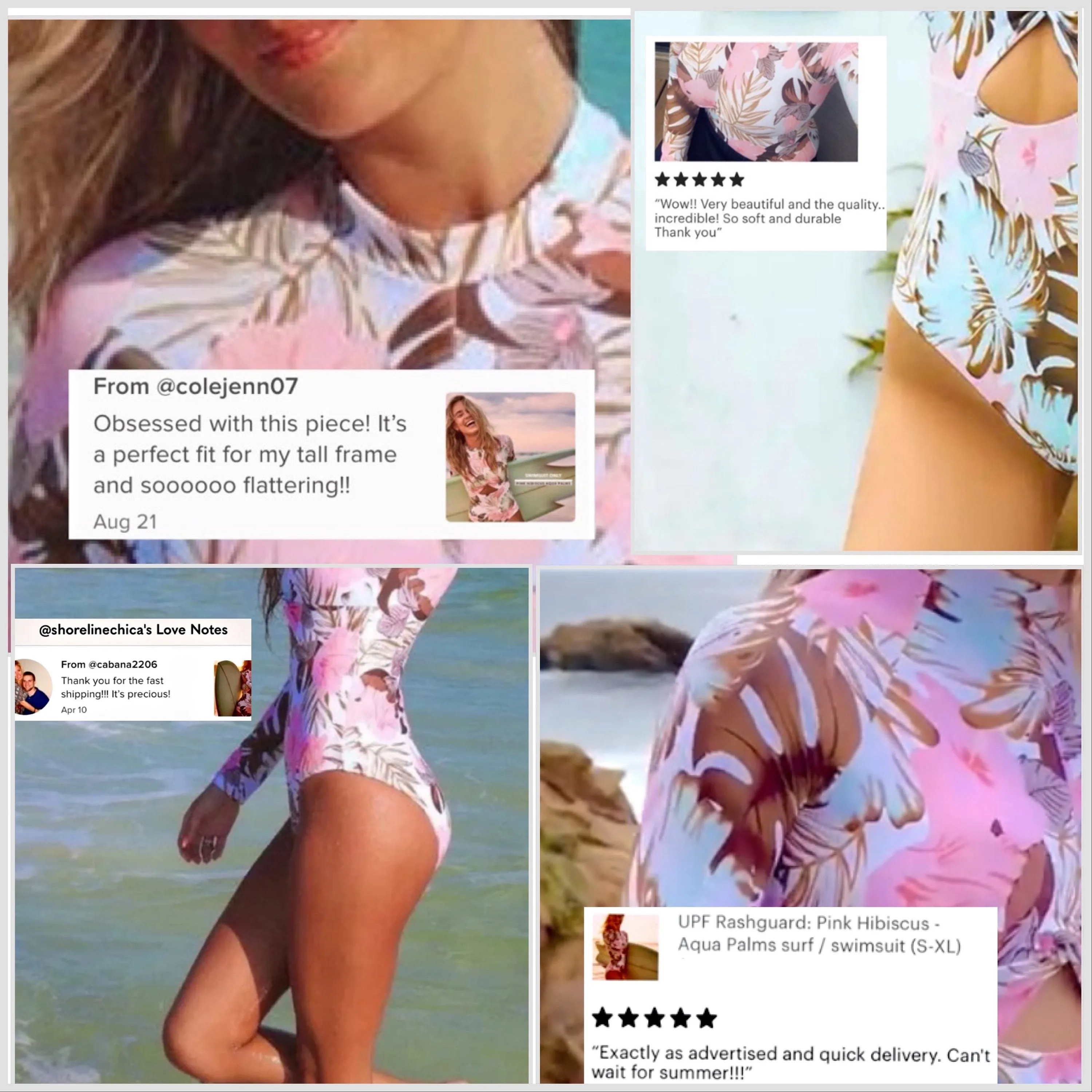 UPF Rashguard Pink Hibiscus - Aqua Palms surfsuit swimsuit (S-XL) white pink peach aqua mint beach pool surf swim women feminine modest