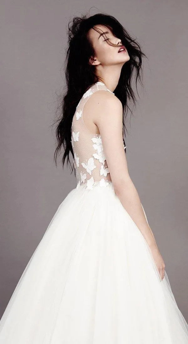 Wedding Dresses Scoop A-line Butterfly Appliques Tulle Ivory Bridal Gown  WD421