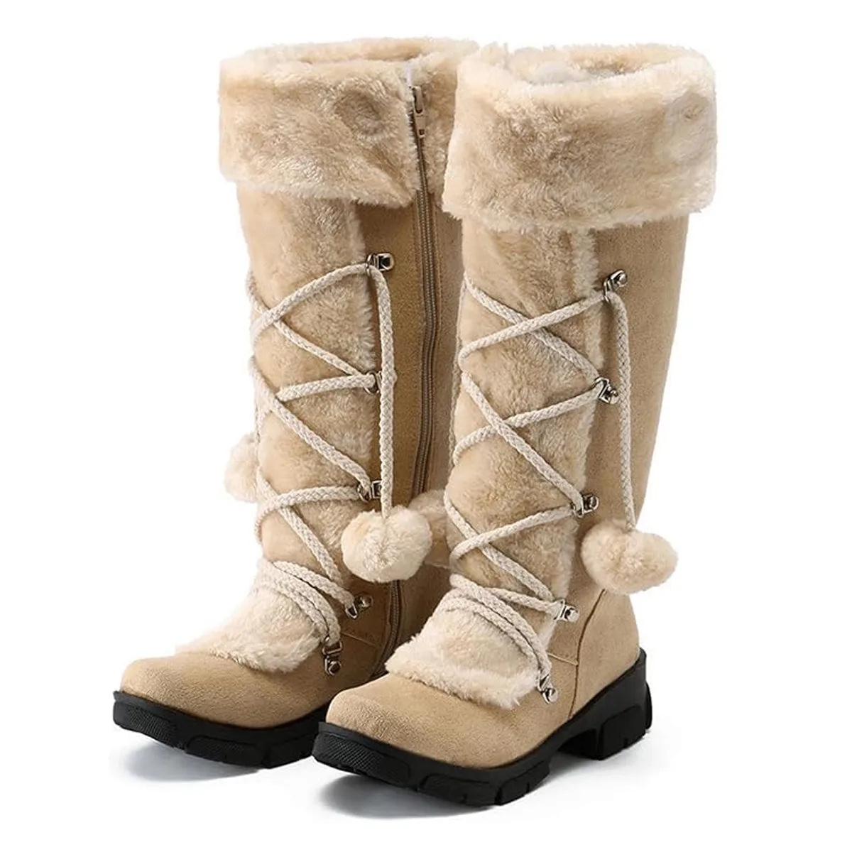 Winter warm lined knee high boots anti-skid lace-up