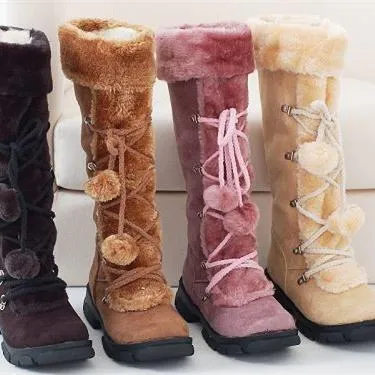 Winter warm lined knee high boots anti-skid lace-up