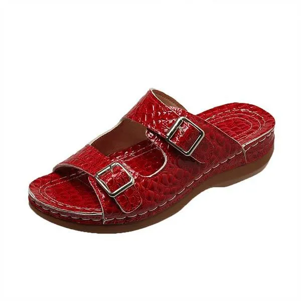 Women's Snake Print Wedge Sandals with Belt Buckle 78291319C