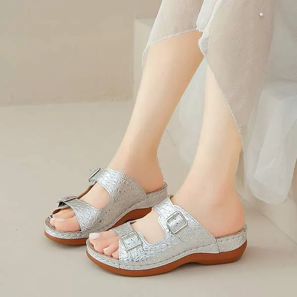 Women's Snake Print Wedge Sandals with Belt Buckle 78291319C
