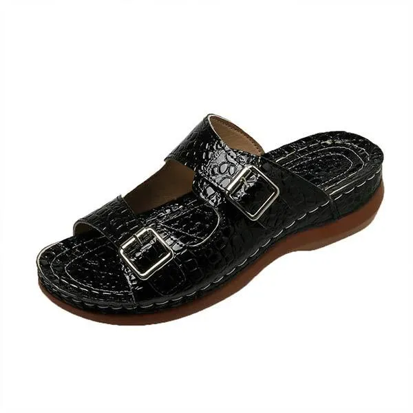 Women's Snake Print Wedge Sandals with Belt Buckle 78291319C
