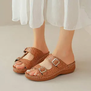 Women's Snake Print Wedge Sandals with Belt Buckle 78291319C