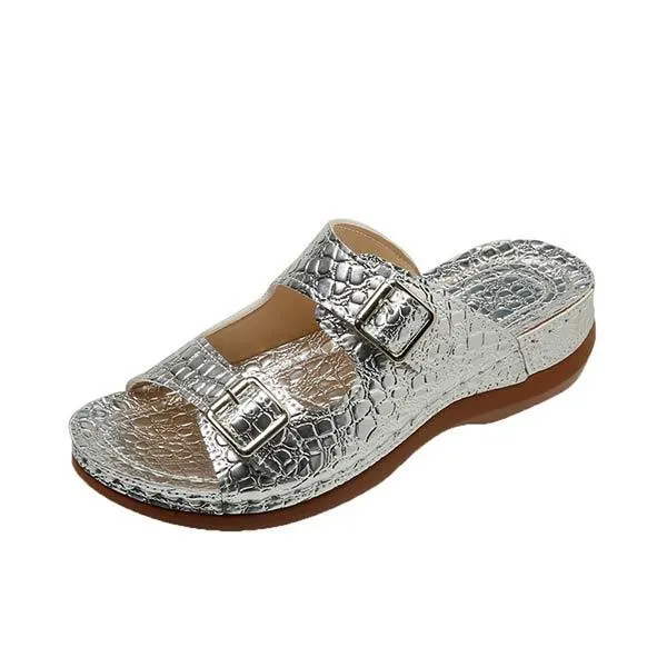 Women's Snake Print Wedge Sandals with Belt Buckle 78291319C