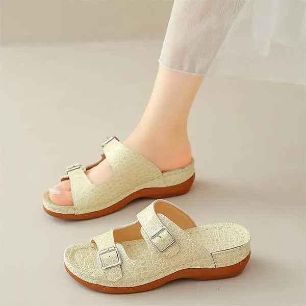 Women's Snake Print Wedge Sandals with Belt Buckle 78291319C