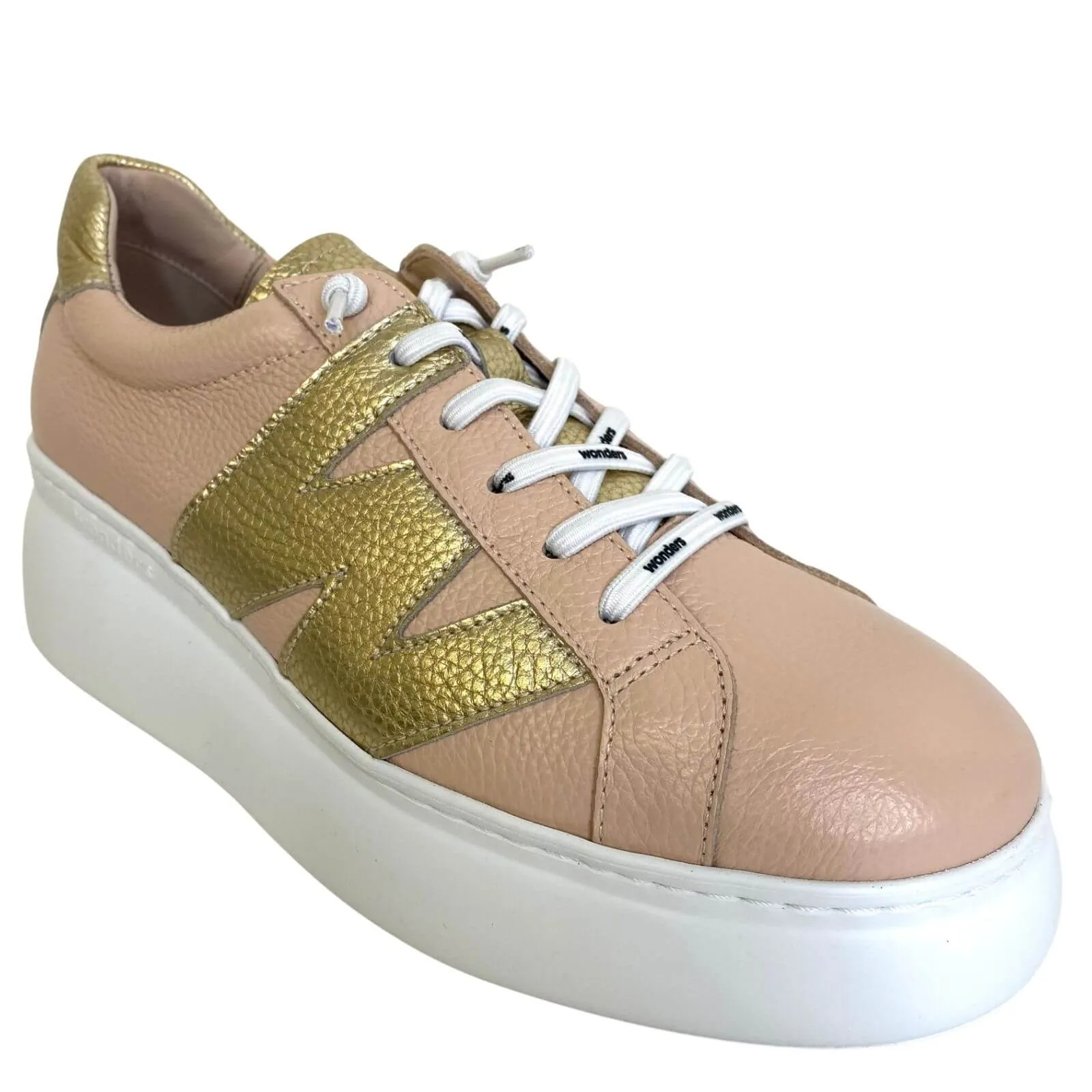 Wonders Nude & Gold Leather Brand Lace Sneakers