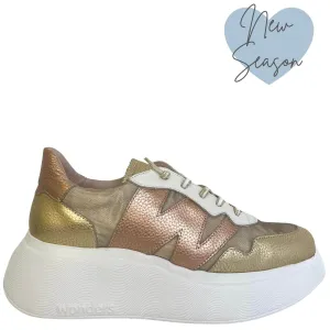 Wonders Two Tone Taupe & Gold Leather Sneakers