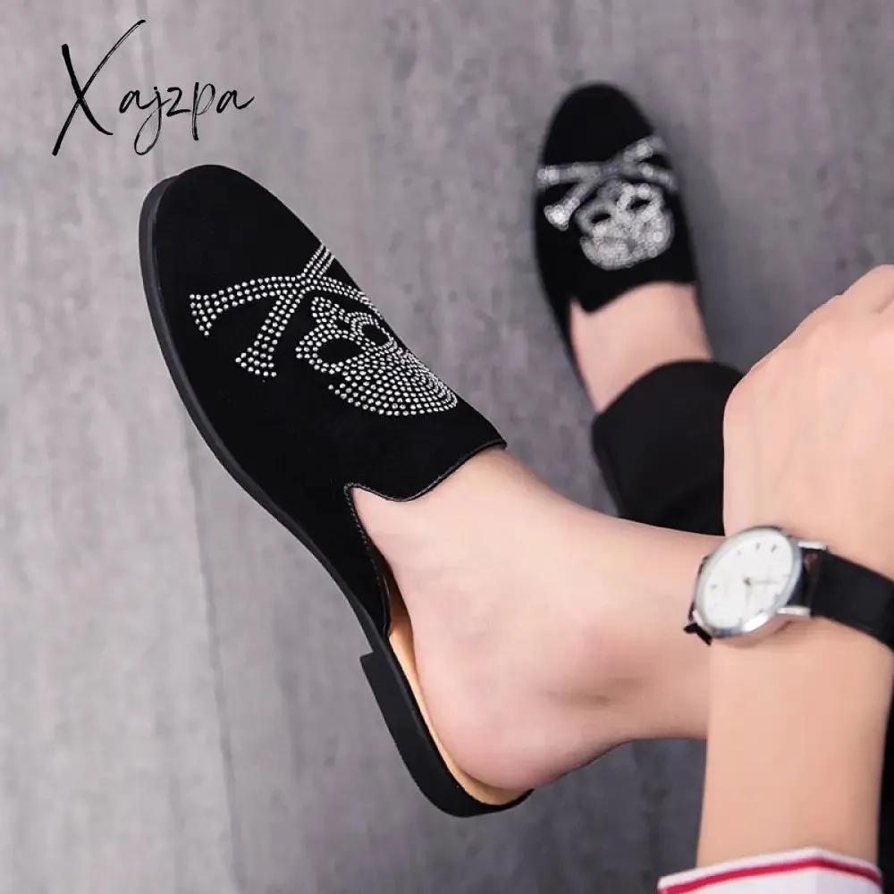 Xajzpa - Half Slippers Breathable Mens Half Shoes Mules Casual Designer Shoes Fashion Loafers Luxury Skull Slippers Leisure Leather Shoes