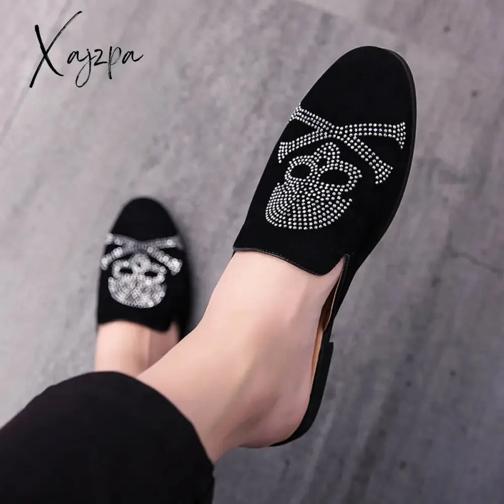 Xajzpa - Half Slippers Breathable Mens Half Shoes Mules Casual Designer Shoes Fashion Loafers Luxury Skull Slippers Leisure Leather Shoes