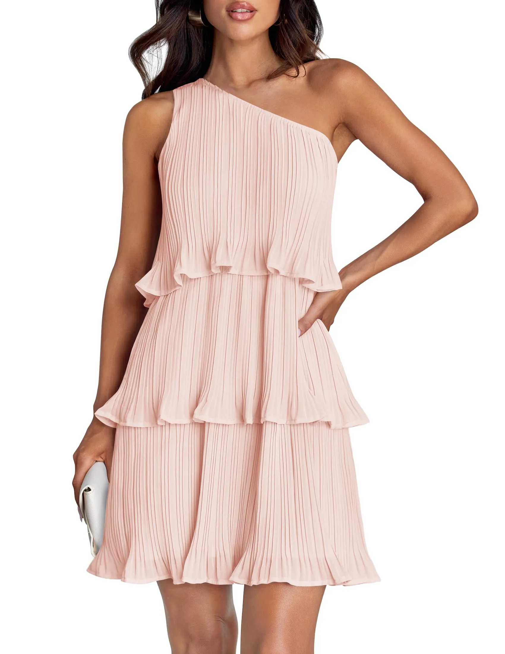 ZESICA One Shoulder Sleeveless Ruffle Tiered Chiffon Mini Dress